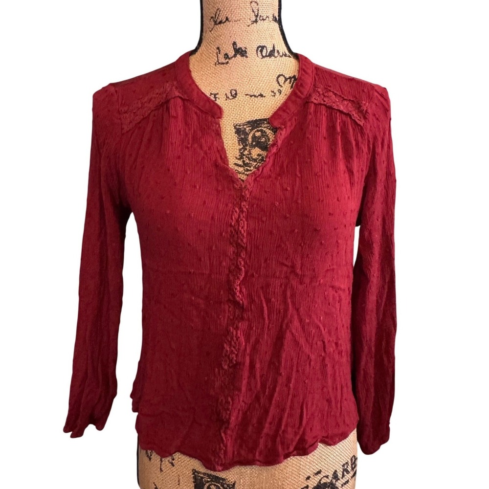 Papermoon Womens Boho Casual Lace Trim Swiss Dot Textured Blouse Red Size SP